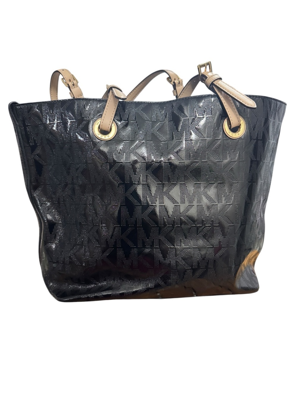 Michael Kors Jet Set Black Patent MK Signature Monogram Large Tote Shoulder Bag